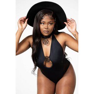 Killstar “Dark Lyfe” One-Piece – Black Mesh Inserts Metal Pentagram Chest Detail